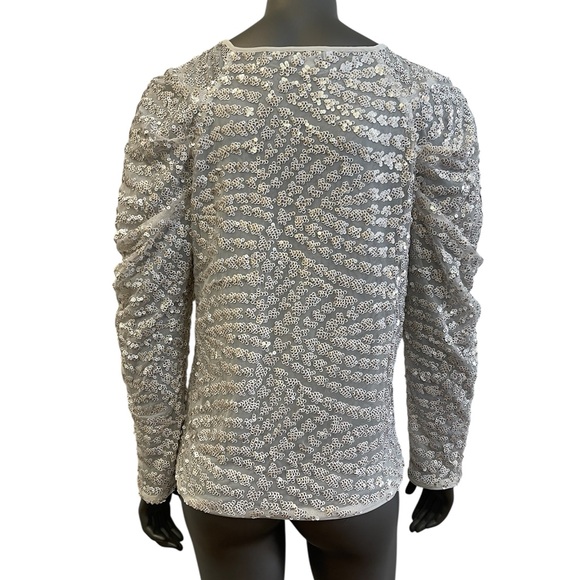 Express Top Women’s M Ivory Sequin Blouse Puff Sleeve Sheer Gold Square Neck - Picture 2 of 11